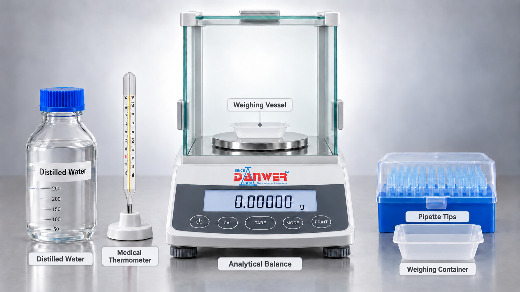 Equipment needed for micropipette calibration including analytical balance distilled water thermometer and weighing vessel