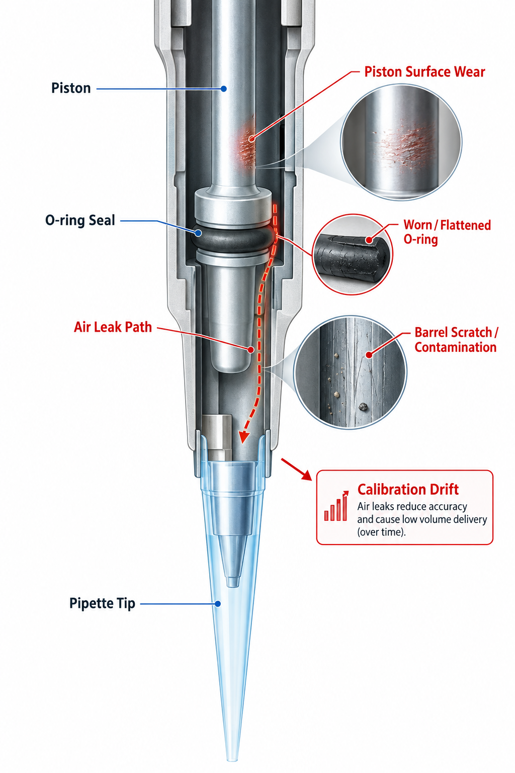 Diagram of a micropipette piston and O-ring seal showing common wear points that cause calibration drift